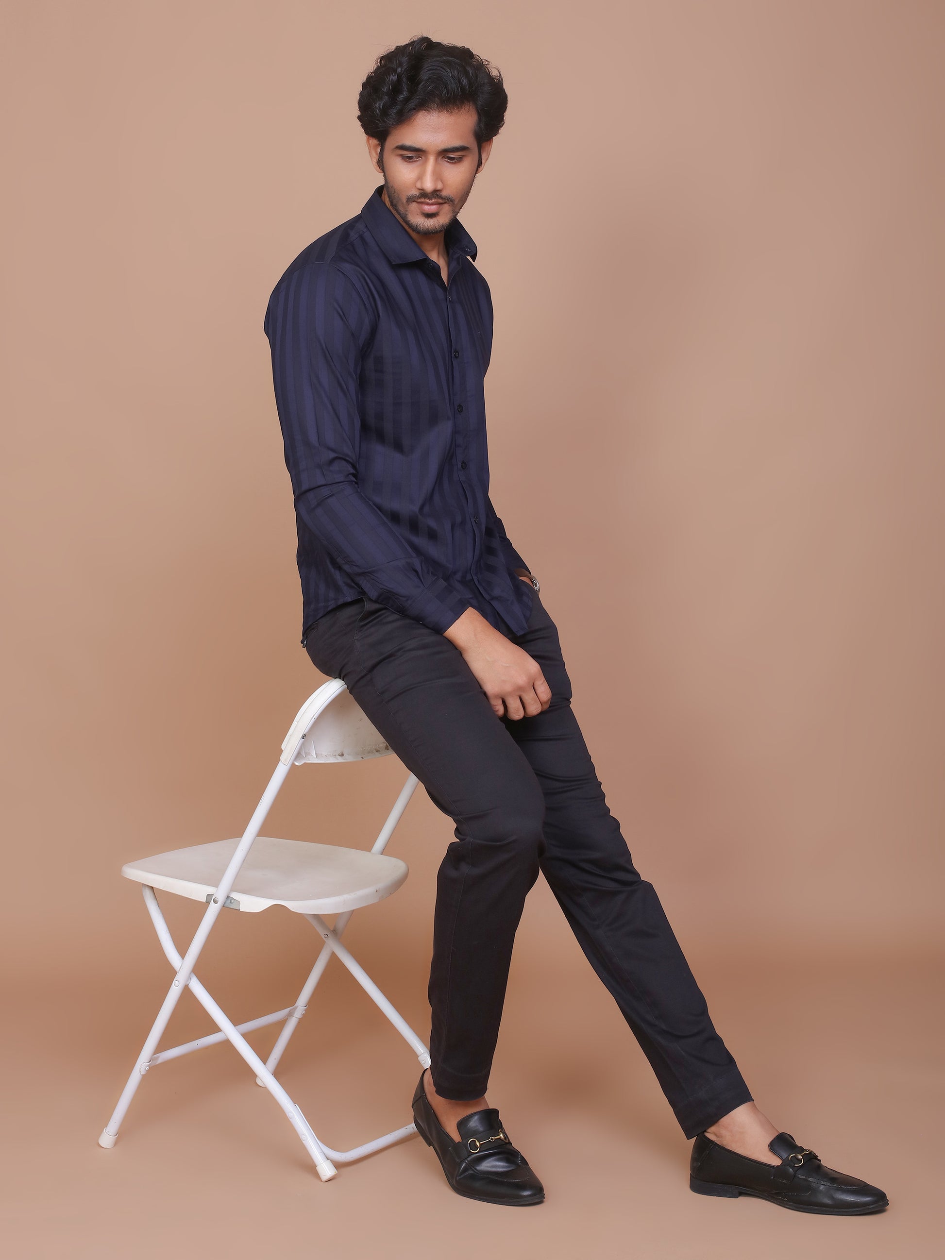 SHADOW STRIPE LYCRA CLASSIC COLLAR BLUE SHIRT - Ravinik 