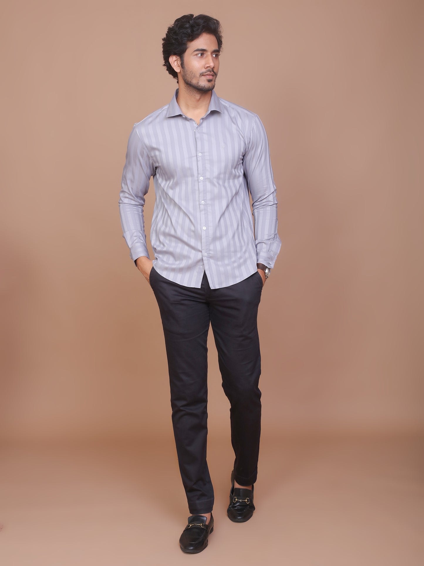 SHADOW STRIPE LYCRA CLASSIC COLLAR GREY SHIRT - Ravinik 