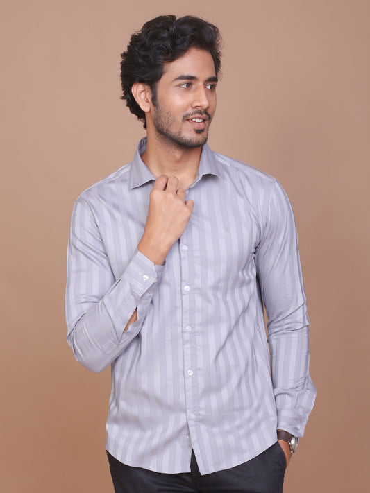 SHADOW STRIPE LYCRA CLASSIC COLLAR GREY SHIRT - Ravinik 