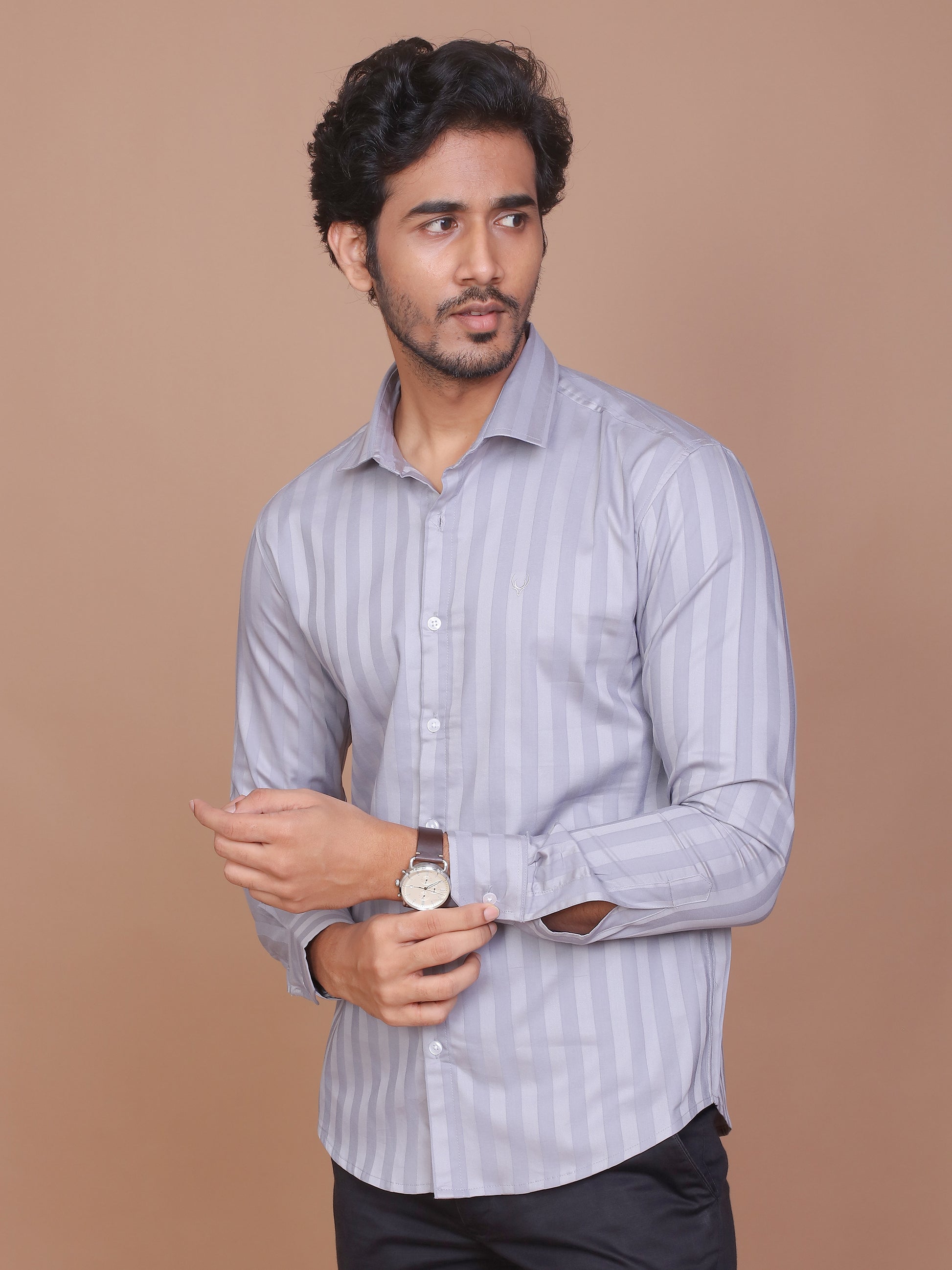 SHADOW STRIPE LYCRA CLASSIC COLLAR GREY SHIRT - Ravinik 