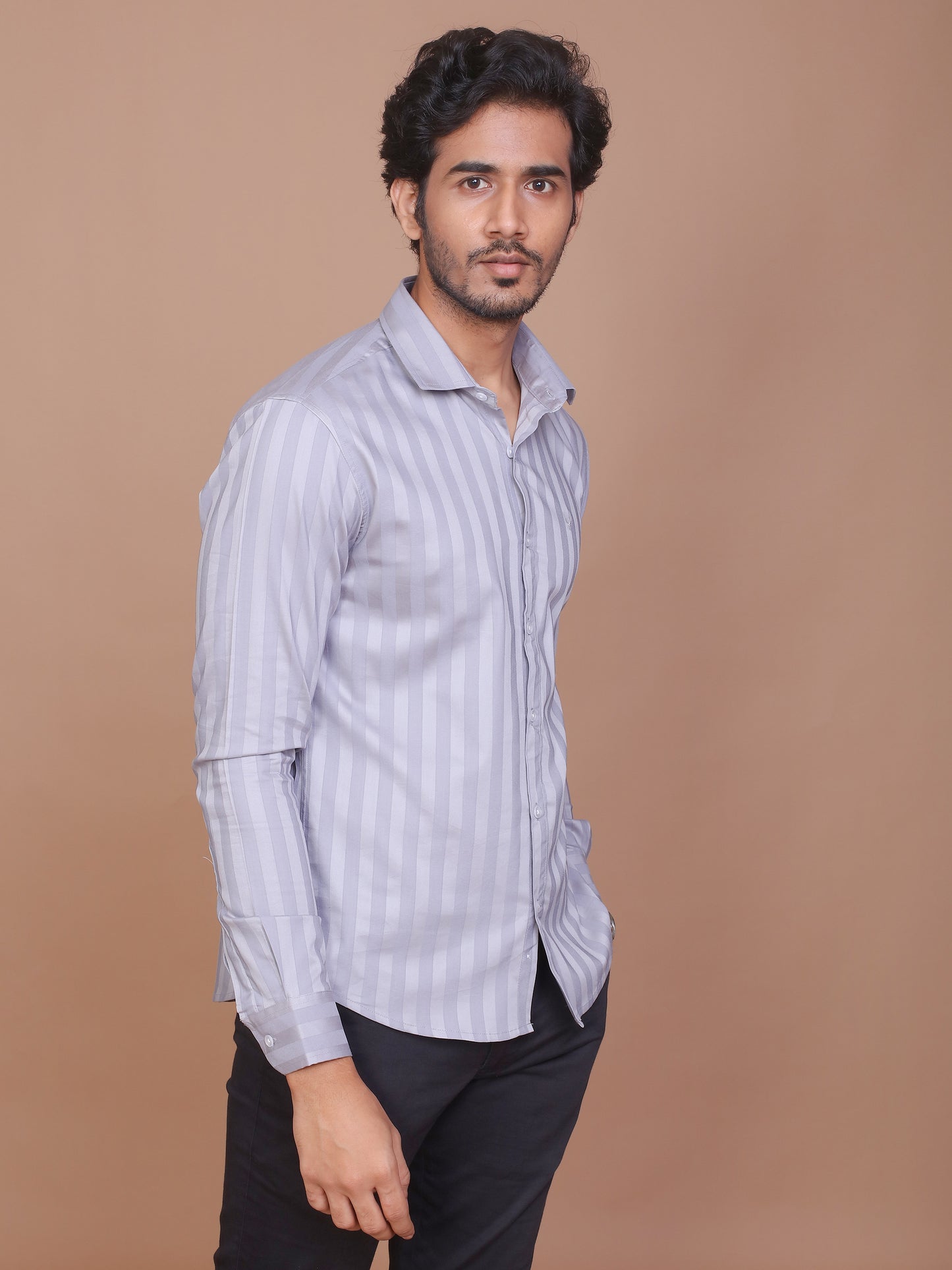 SHADOW STRIPE LYCRA CLASSIC COLLAR GREY SHIRT - Ravinik 