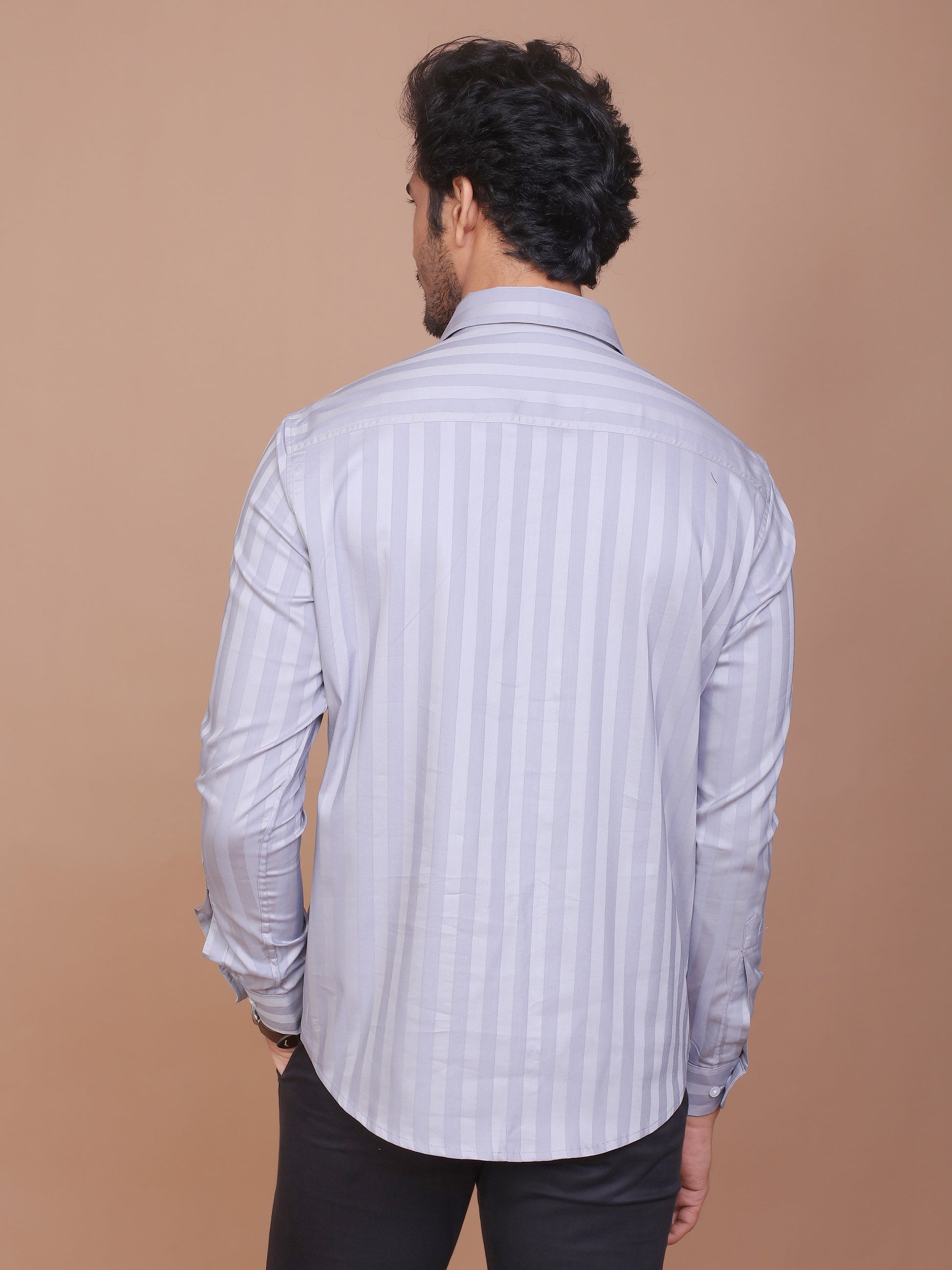 SHADOW STRIPE LYCRA CLASSIC COLLAR GREY SHIRT - Ravinik 