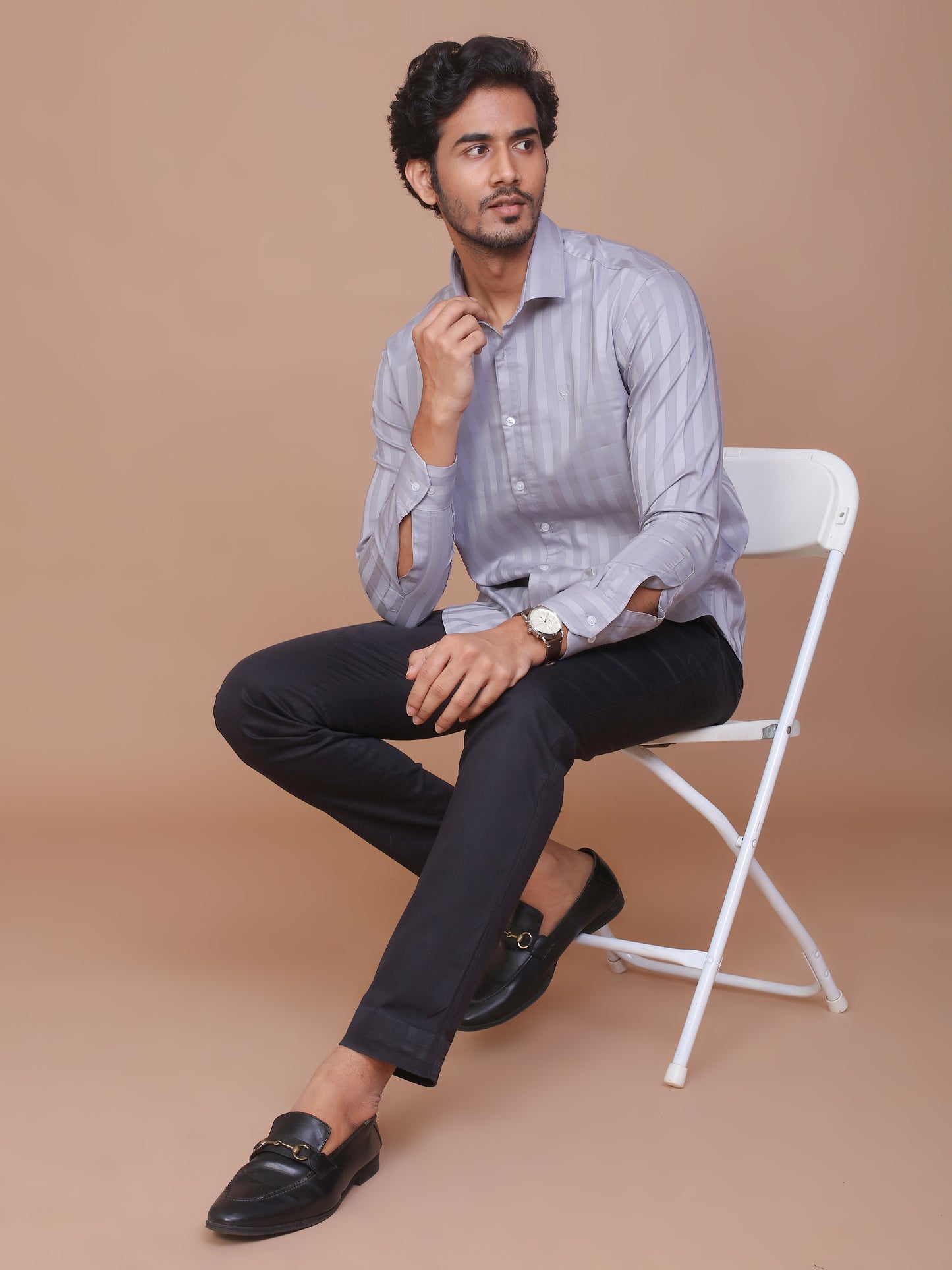 SHADOW STRIPE LYCRA CLASSIC COLLAR GREY SHIRT - Ravinik 