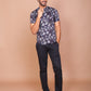 TROPICAL LEAFY BAND COLLAR DARK BLUE SHIRT - Ravinik 