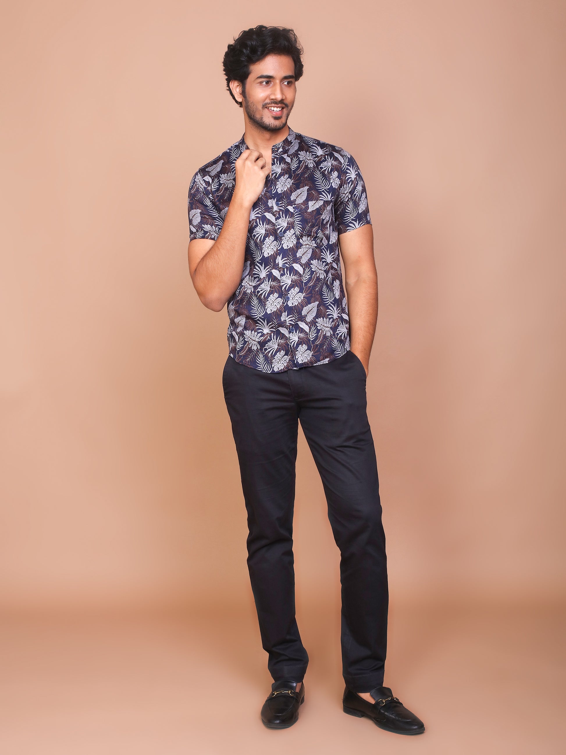 TROPICAL LEAFY BAND COLLAR DARK BLUE SHIRT - Ravinik 