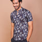 TROPICAL LEAFY BAND COLLAR DARK BLUE SHIRT - Ravinik 