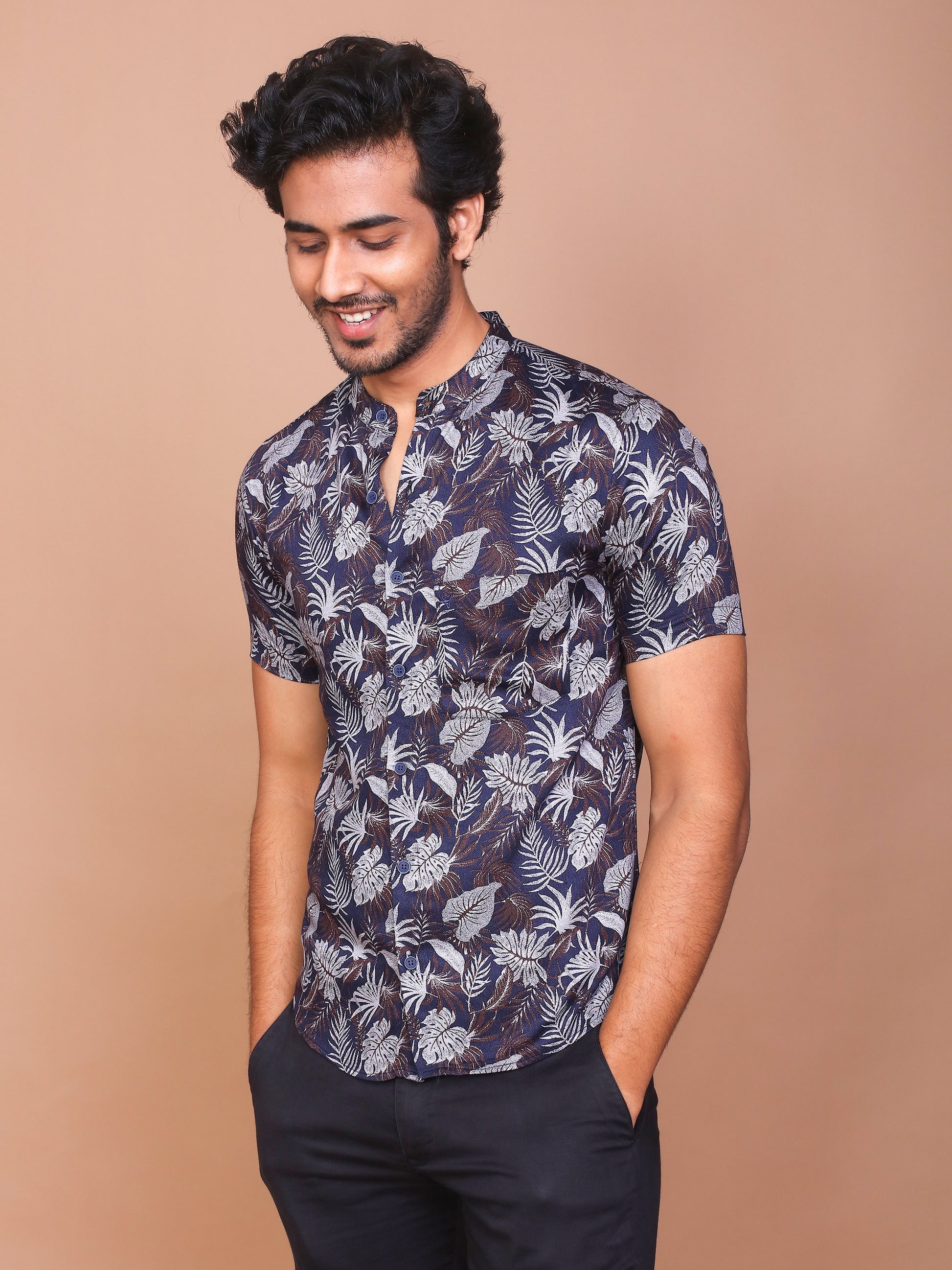 TROPICAL LEAFY BAND COLLAR DARK BLUE SHIRT - Ravinik 