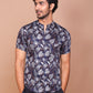 TROPICAL LEAFY BAND COLLAR DARK BLUE SHIRT - Ravinik 