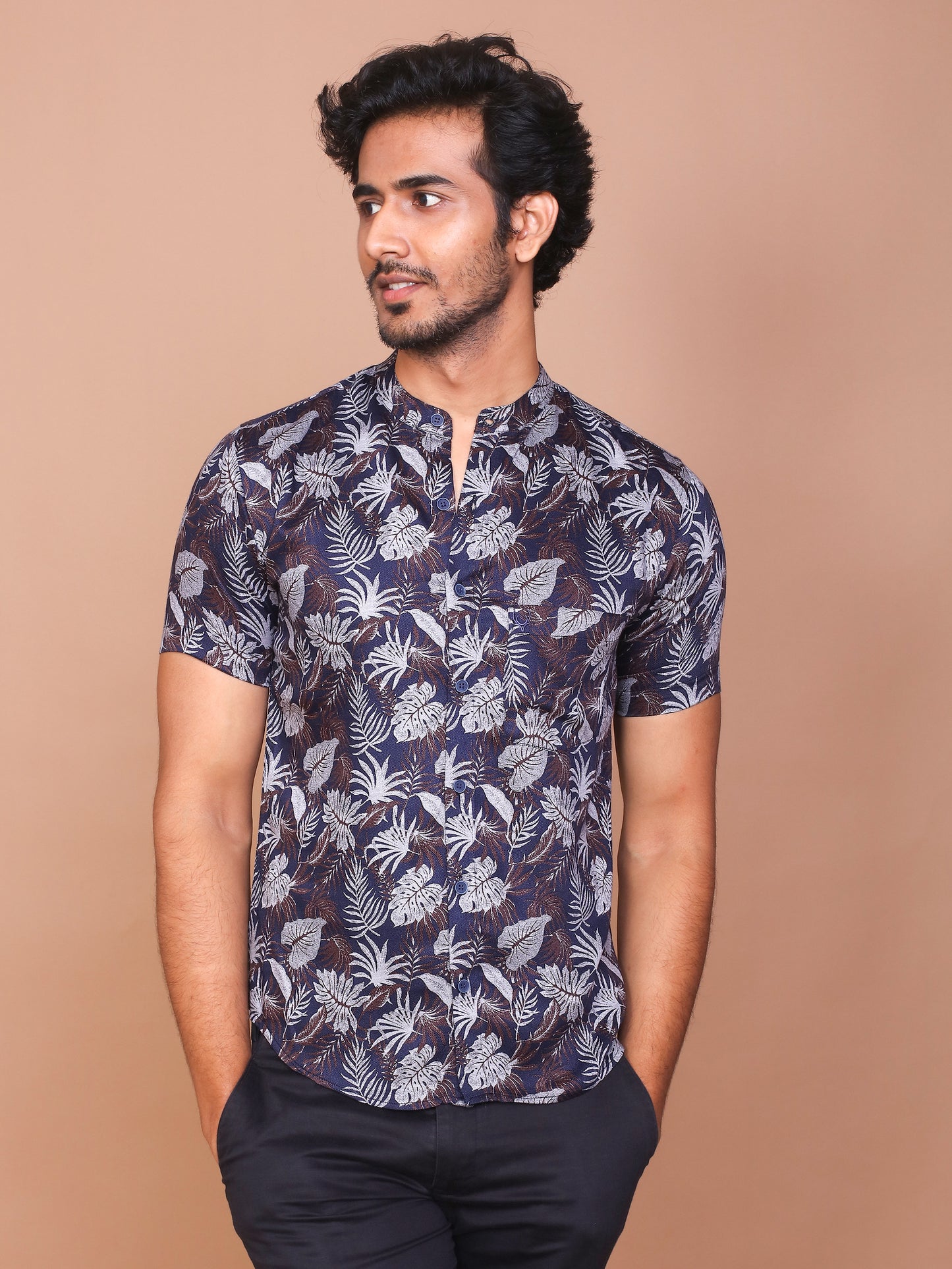 TROPICAL LEAFY BAND COLLAR DARK BLUE SHIRT - Ravinik 