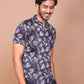 TROPICAL LEAFY BAND COLLAR DARK BLUE SHIRT - Ravinik 