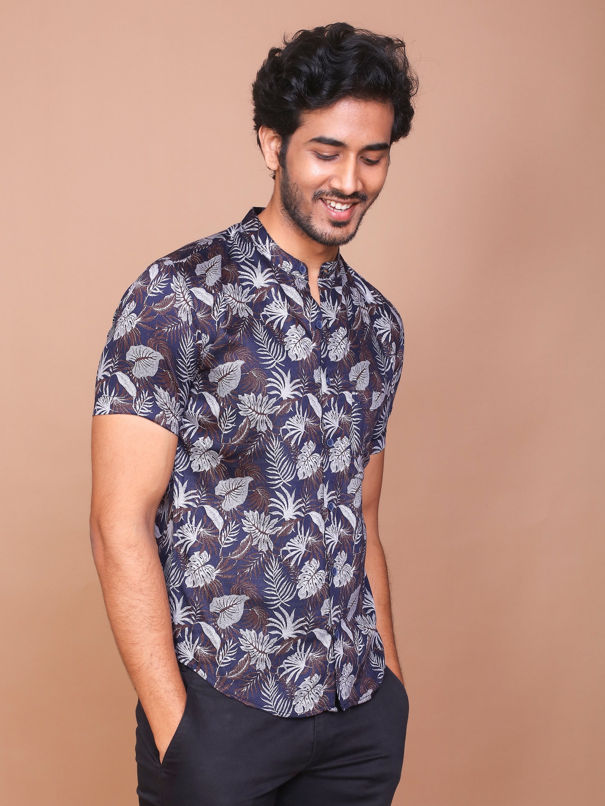 TROPICAL LEAFY BAND COLLAR DARK BLUE SHIRT - Ravinik 