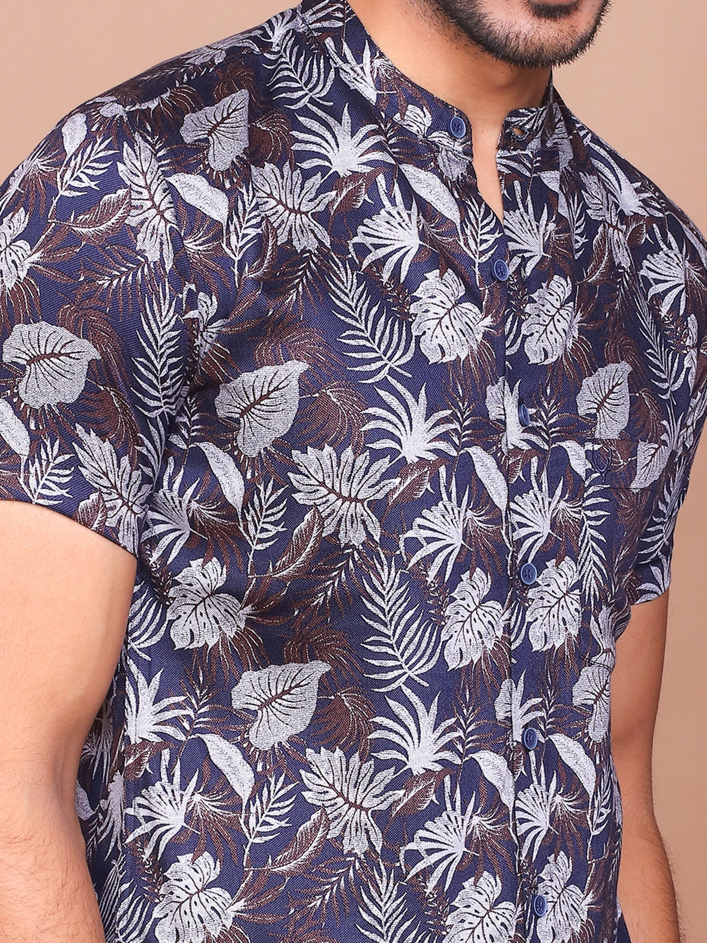 TROPICAL LEAFY BAND COLLAR DARK BLUE SHIRT - Ravinik 