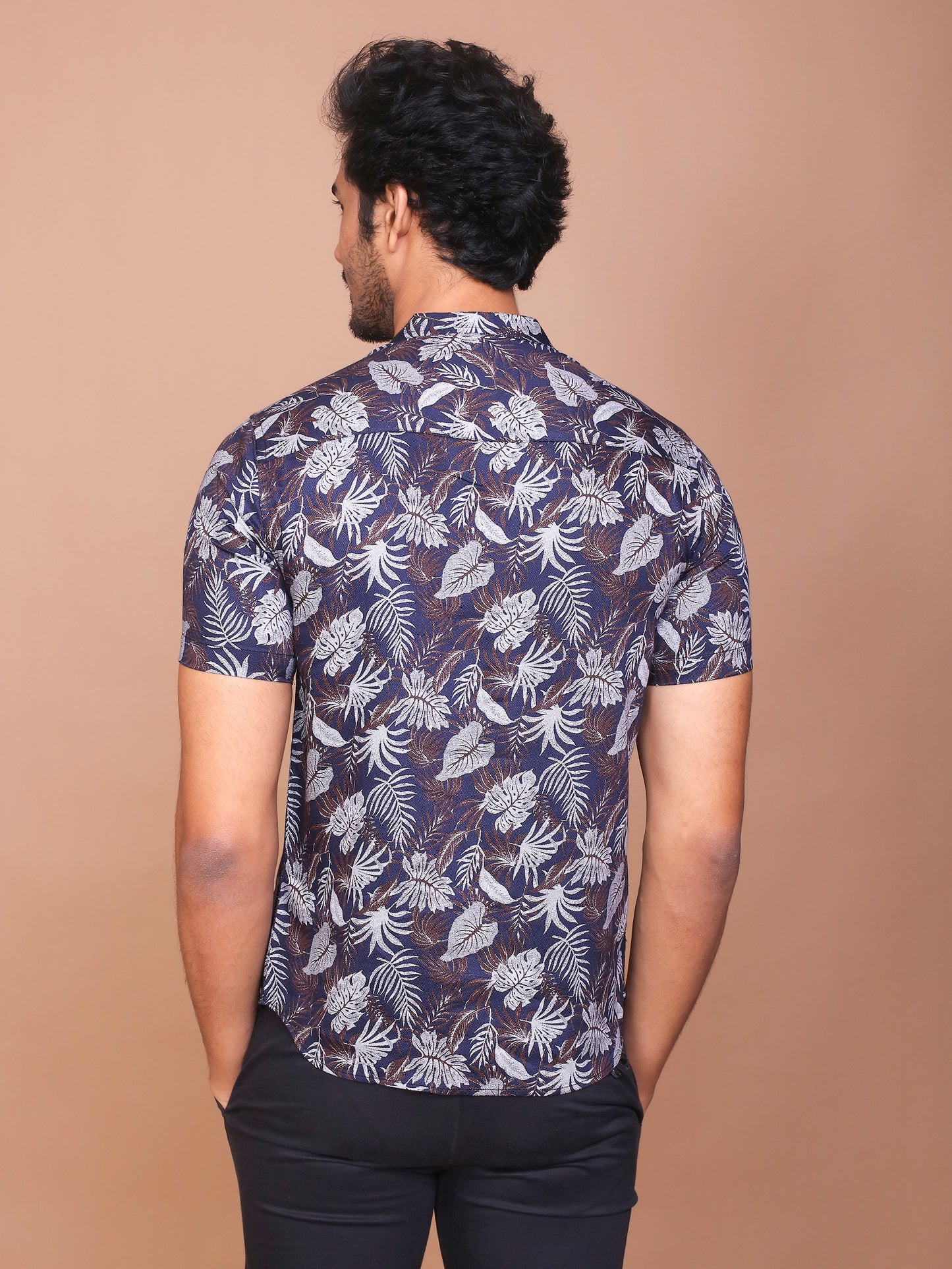 TROPICAL LEAFY BAND COLLAR DARK BLUE SHIRT - Ravinik 