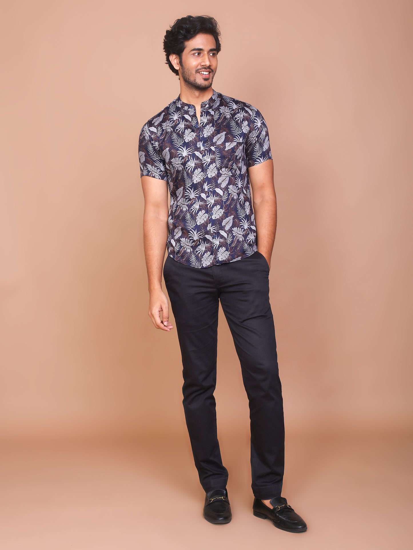 TROPICAL LEAFY BAND COLLAR DARK BLUE SHIRT - Ravinik 