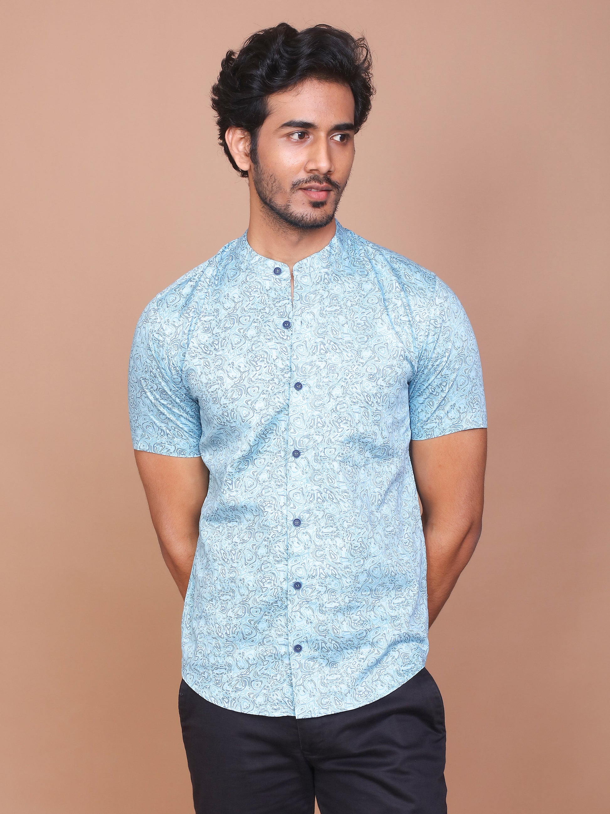 MIST ILLUSION BAND COLLAR SKY BLUE SHIRT - Ravinik 