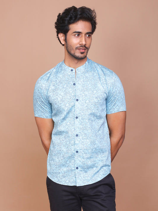 MIST ILLUSION BAND COLLAR SKY BLUE SHIRT - Ravinik 