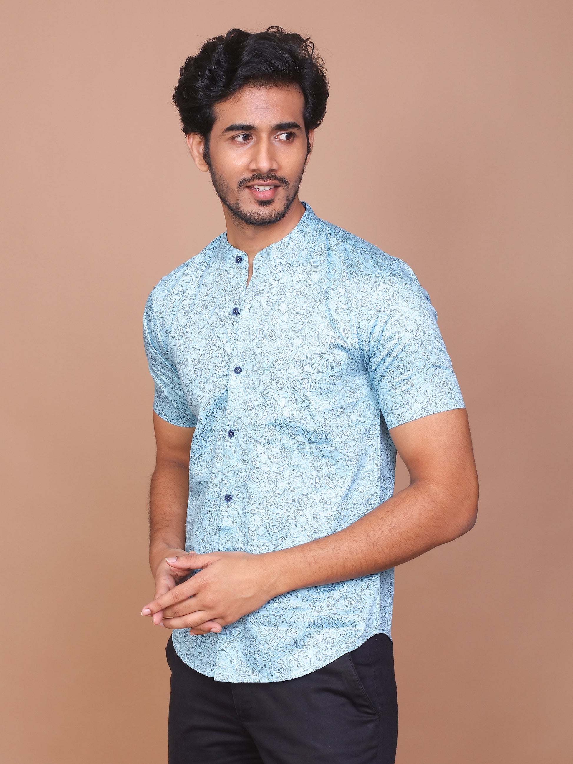 MIST ILLUSION BAND COLLAR SKY BLUE SHIRT - Ravinik 