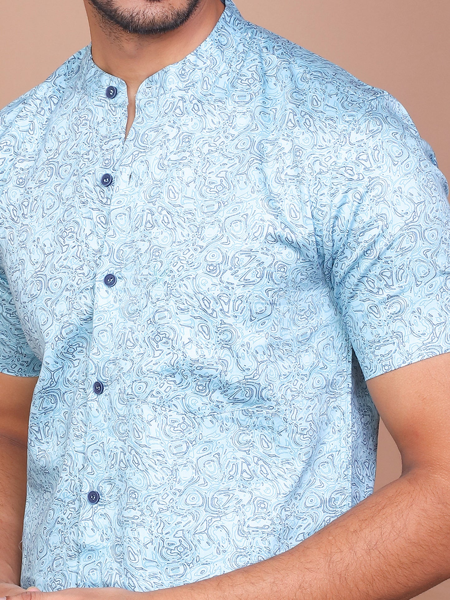 MIST ILLUSION BAND COLLAR SKY BLUE SHIRT - Ravinik 