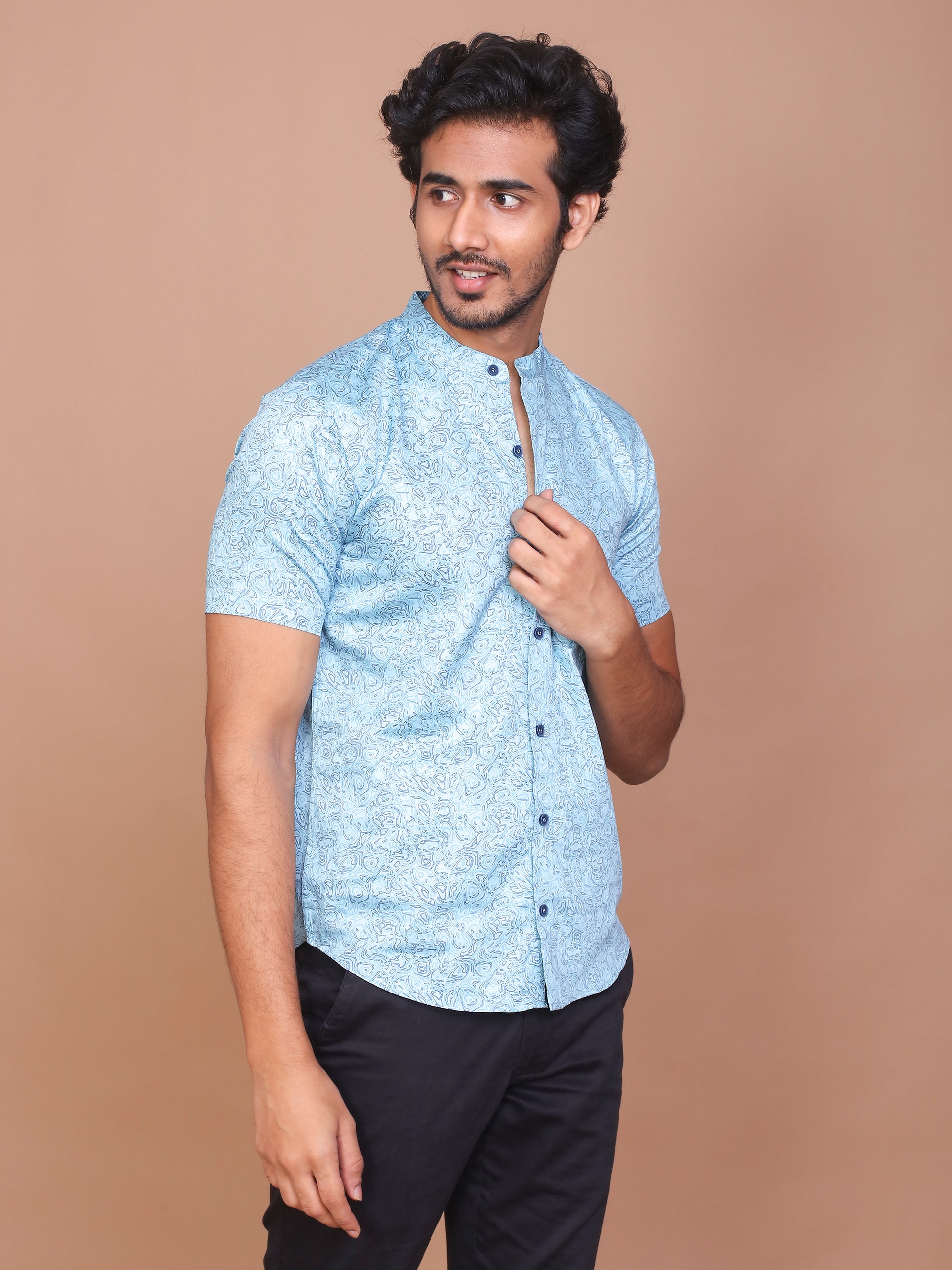 MIST ILLUSION BAND COLLAR SKY BLUE SHIRT - Ravinik 