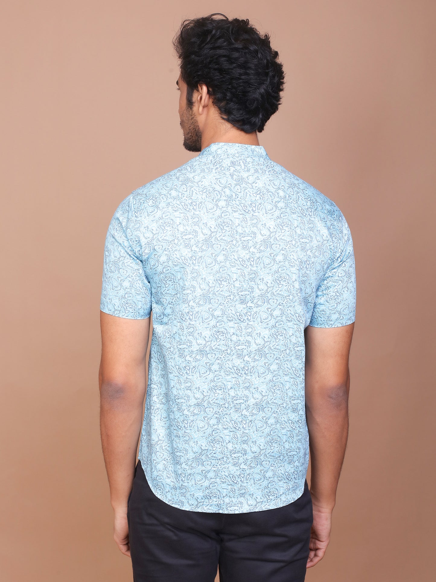 MIST ILLUSION BAND COLLAR SKY BLUE SHIRT - Ravinik 