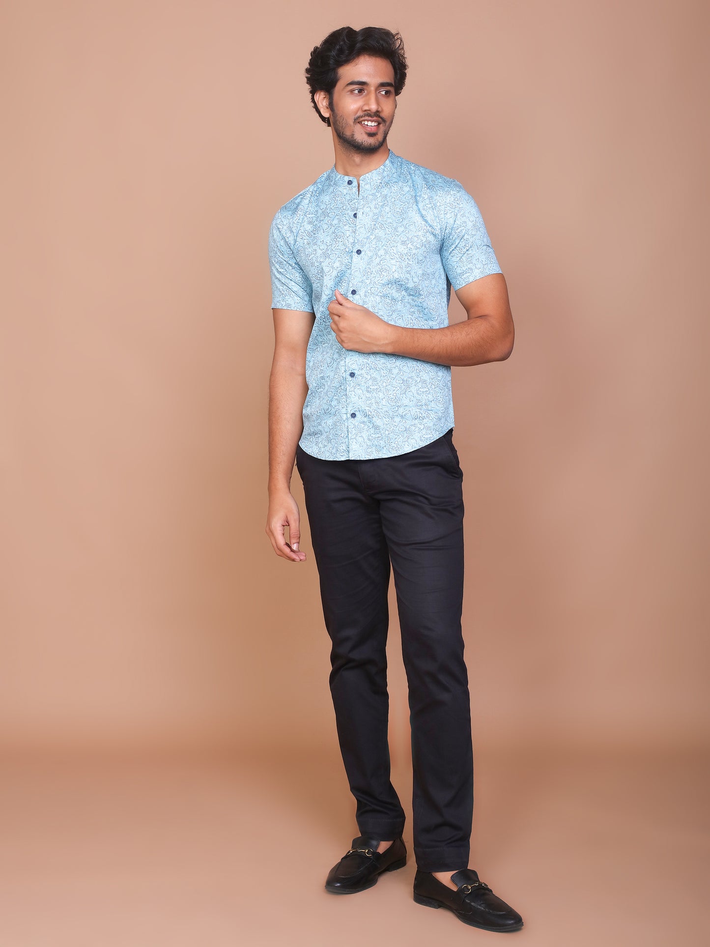 MIST ILLUSION BAND COLLAR SKY BLUE SHIRT - Ravinik 