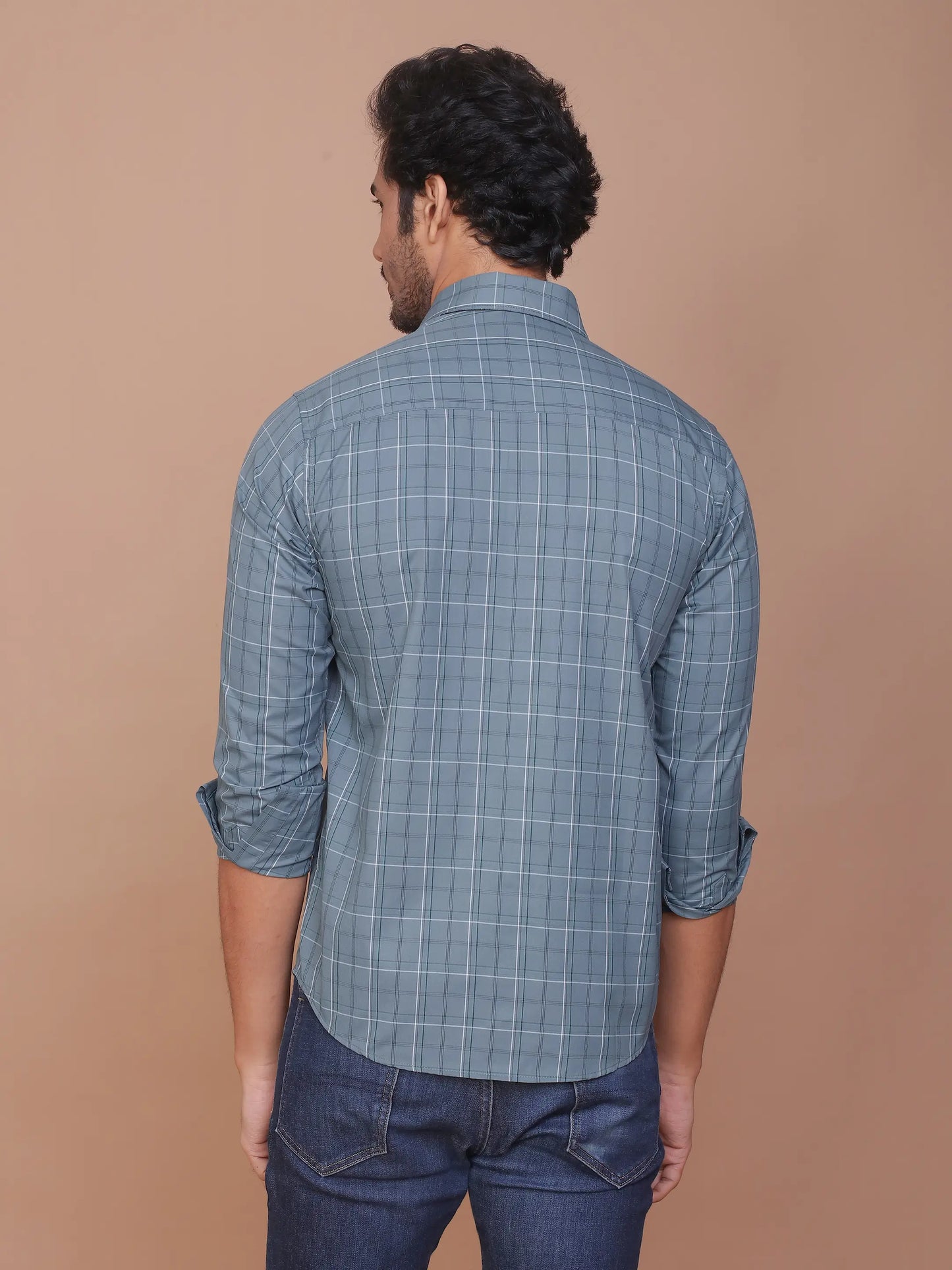 MEN GLEN PLAID DARK TEAL GREEN CLASSIC COLLAR COTTON FULL SLEEVES SLIM FIT SHIRT - Ravinik 