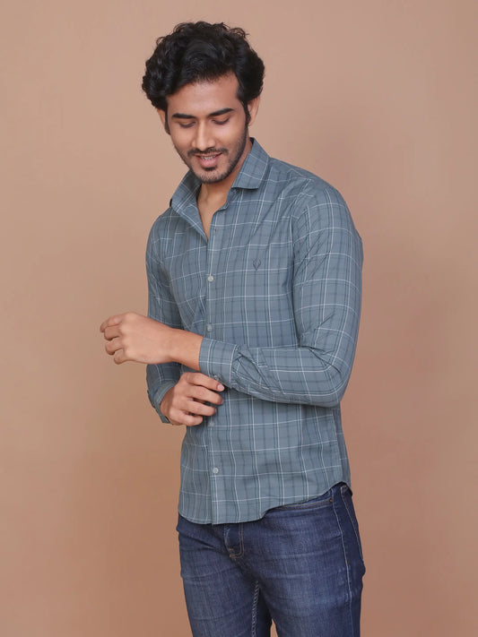 MEN GLEN PLAID DARK TEAL GREEN CLASSIC COLLAR COTTON FULL SLEEVES SLIM FIT SHIRT - Ravinik 