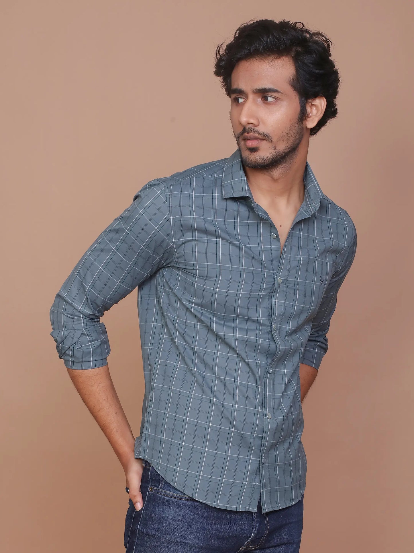 MEN GLEN PLAID DARK TEAL GREEN CLASSIC COLLAR COTTON FULL SLEEVES SLIM FIT SHIRT - Ravinik 