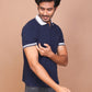 Men's Navy Blue Classic Collar Polo Half Sleeve Slim Fit Cotton T-shirt - Ravinik 