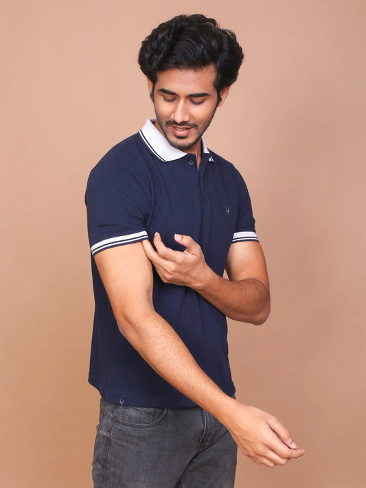 Men's Navy Blue Classic Collar Polo Half Sleeve Slim Fit Cotton T-shirt - Ravinik 