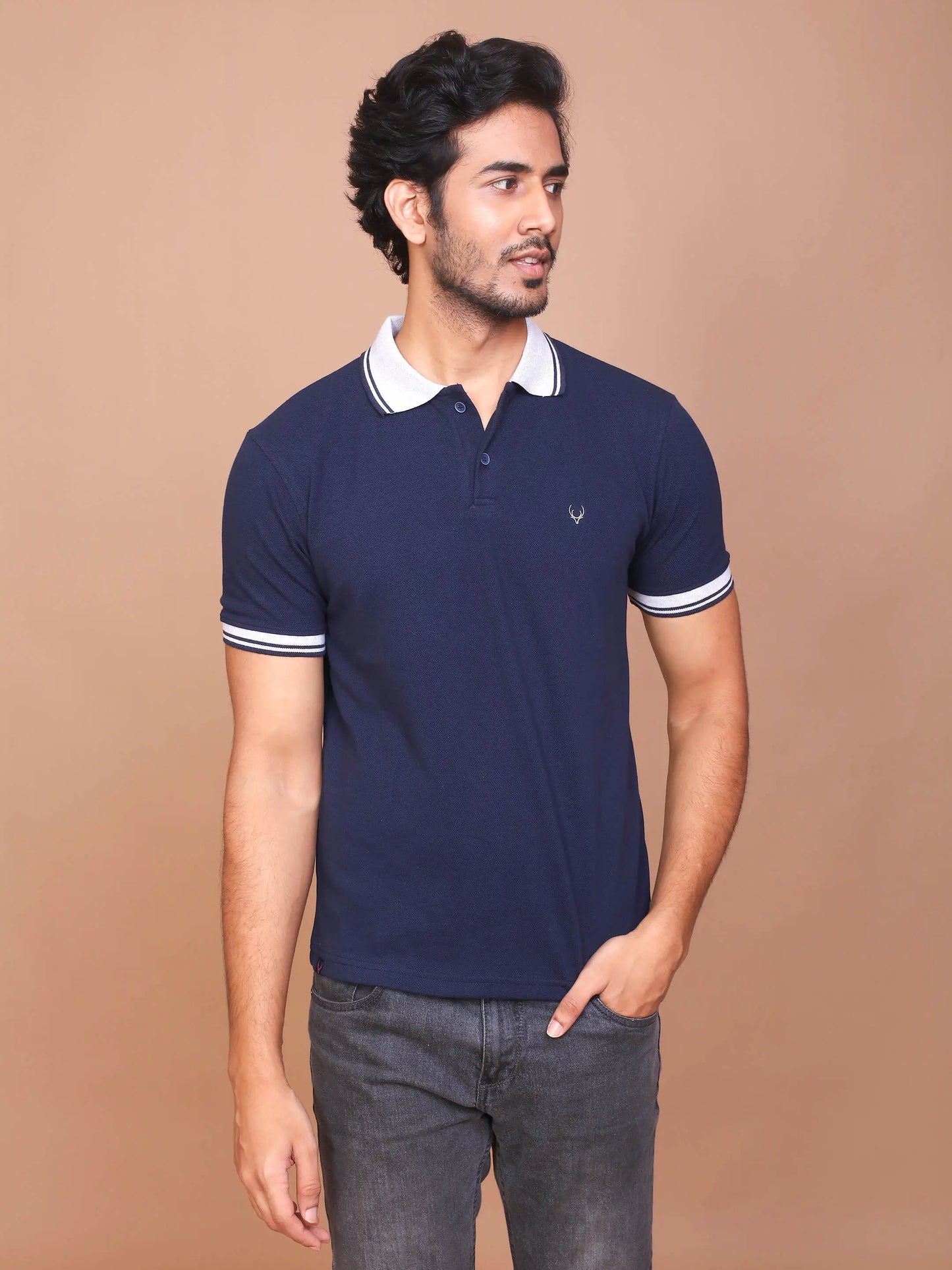 Men's Navy Blue Classic Collar Polo Half Sleeve Slim Fit Cotton T-shirt - Ravinik 