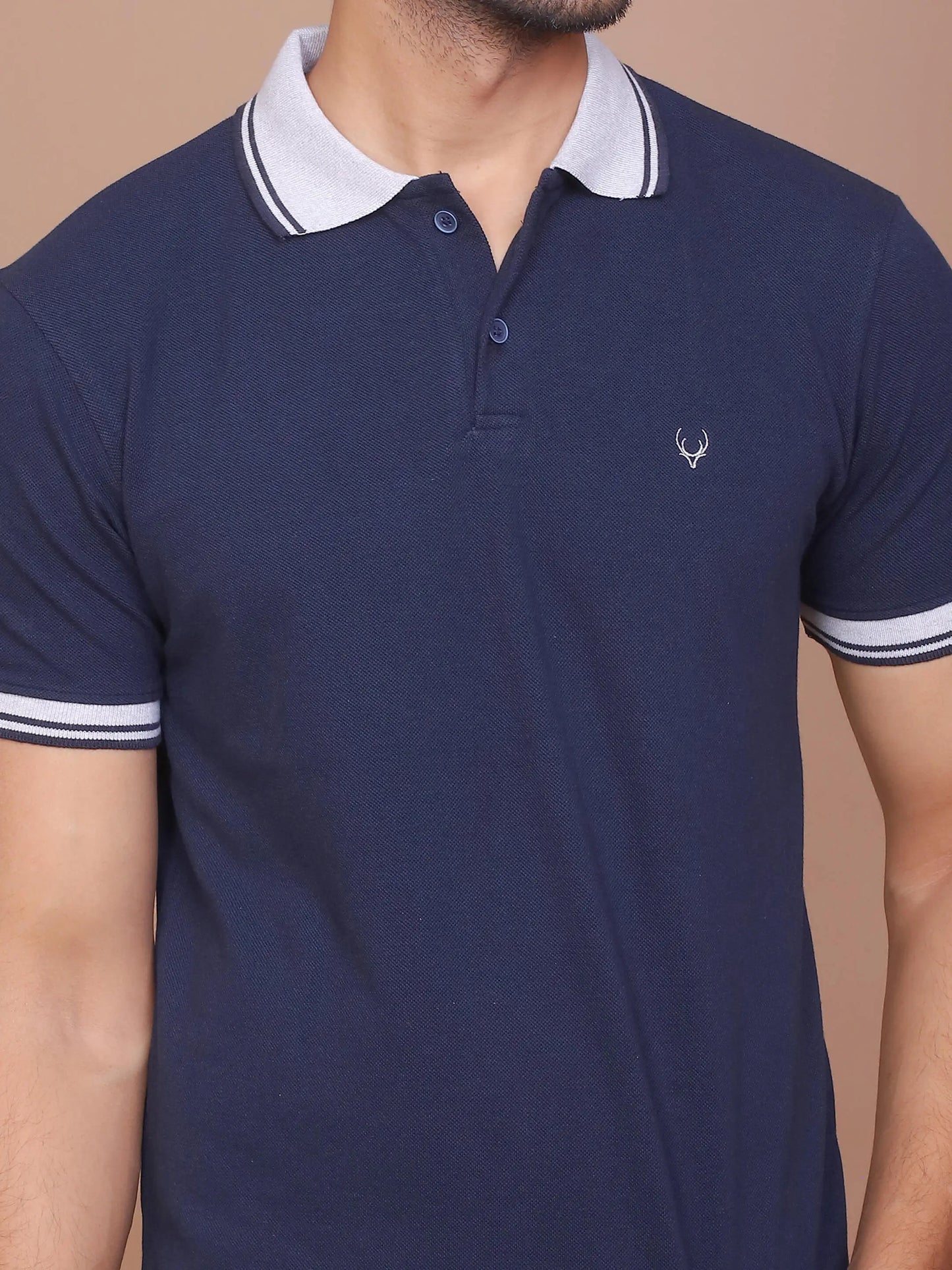 Men's Navy Blue Classic Collar Polo Half Sleeve Slim Fit Cotton T-shirt - Ravinik 