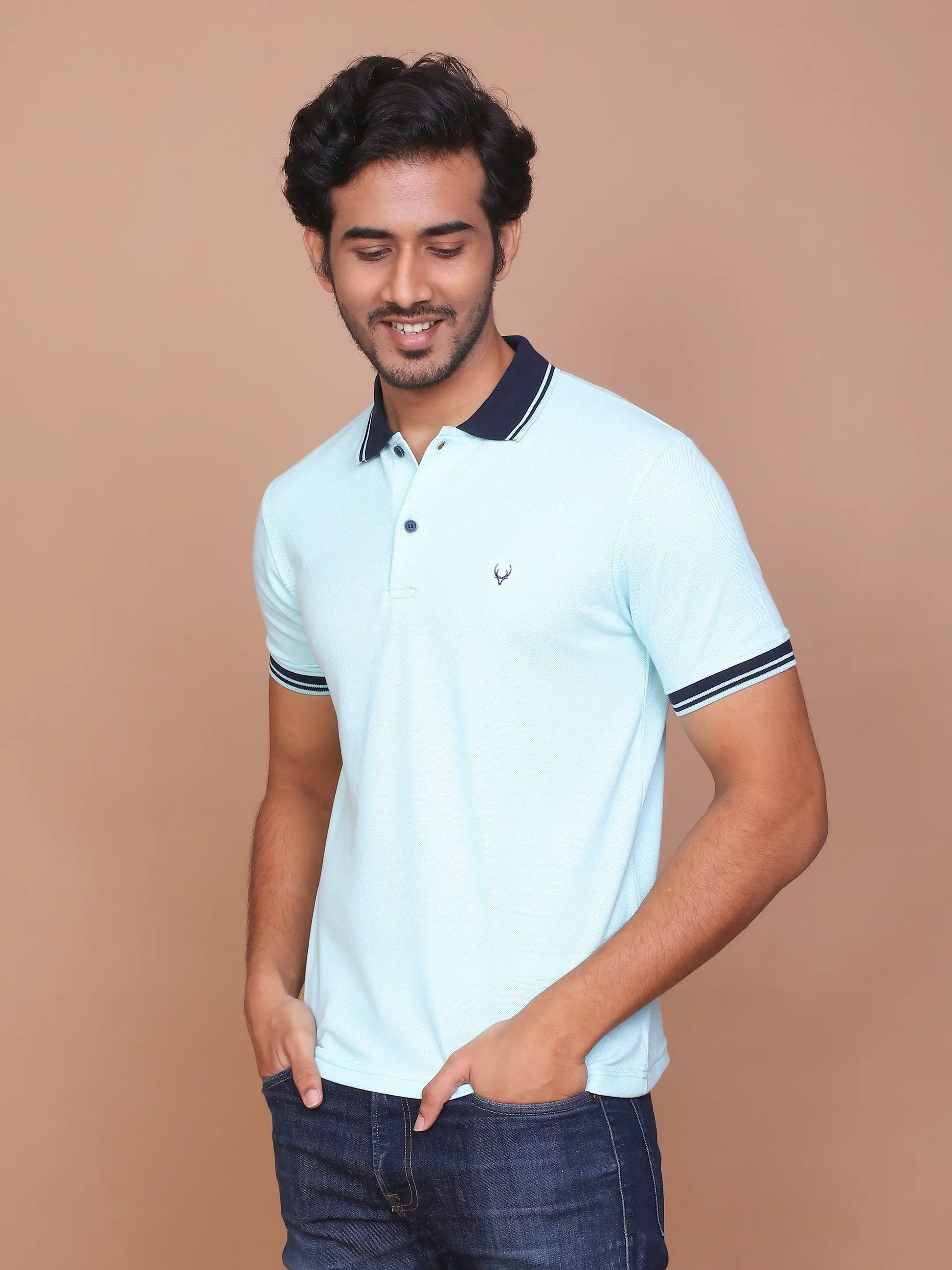 Men's Solid Turquoise Green Collar Polo Half Sleeve Slim Fit Cotton T-shirt - Ravinik 