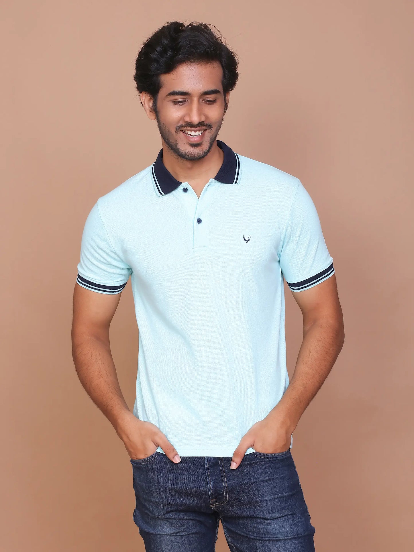 Men's Solid Turquoise Green Collar Polo Half Sleeve Slim Fit Cotton T-shirt - Ravinik 