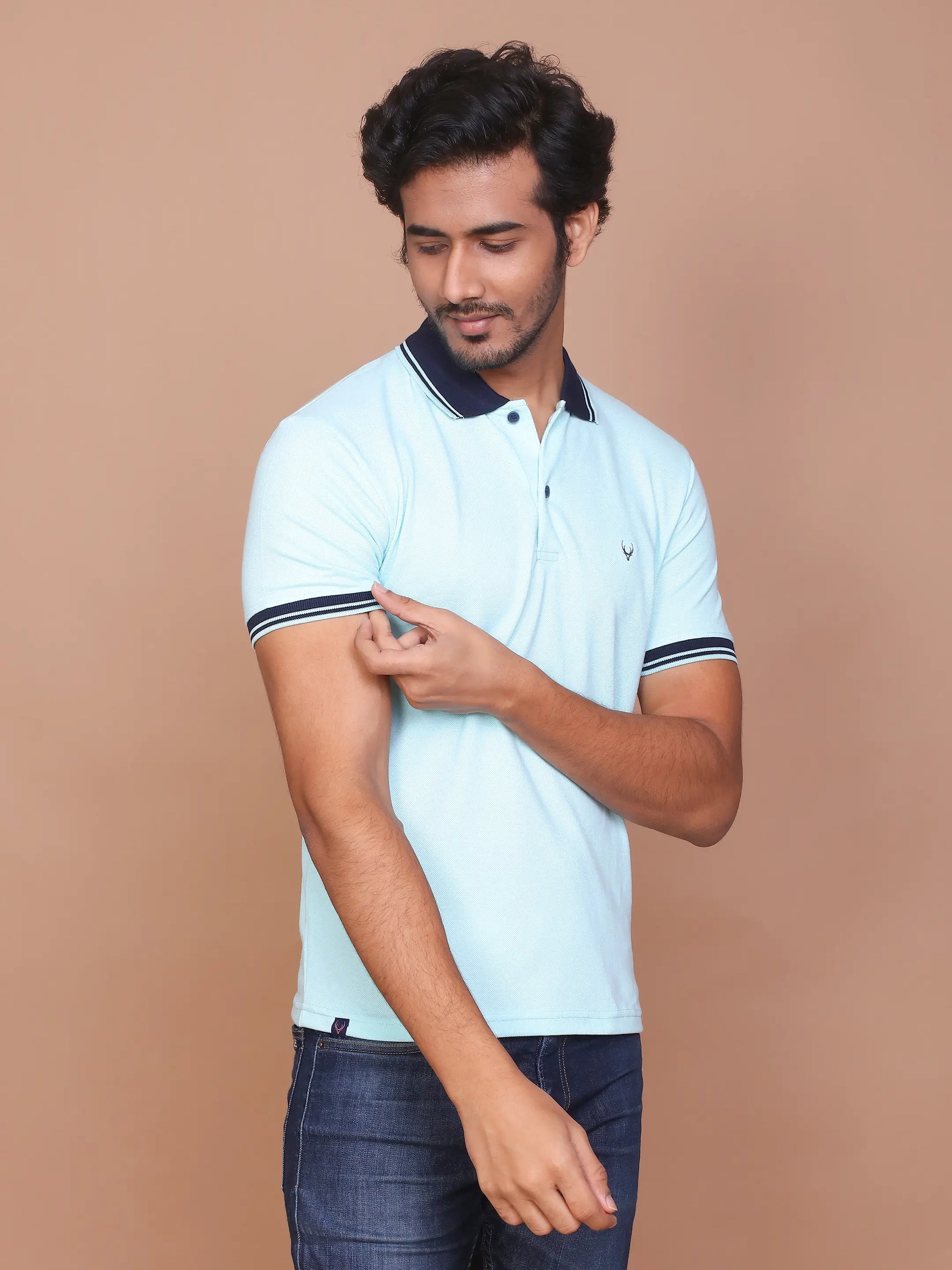 Men's Solid Turquoise Green Collar Polo Half Sleeve Slim Fit Cotton T-shirt - Ravinik 