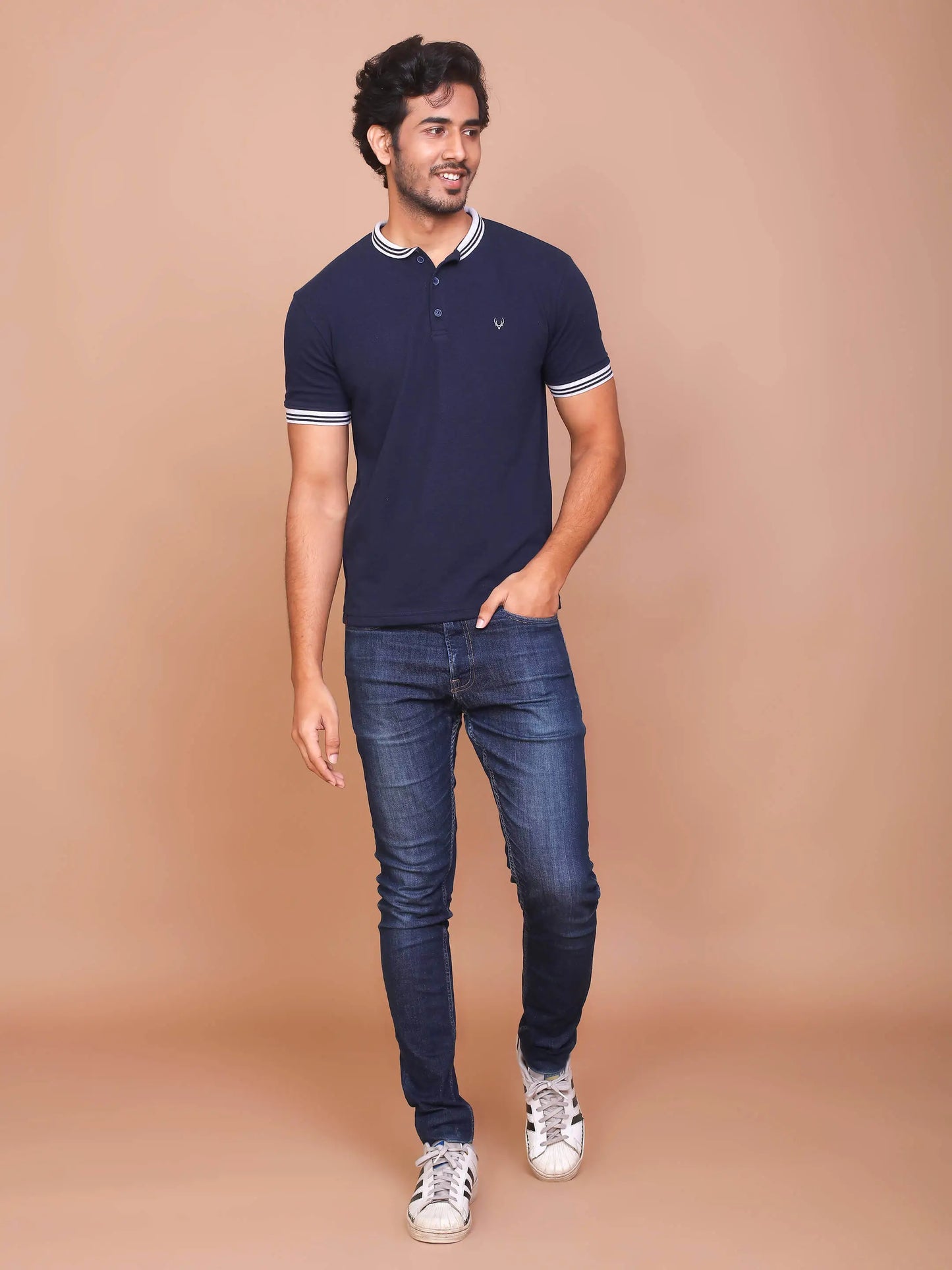 BUY-RAVINIK-MEN-BAND-COLLAR-HALF-SLEEVE-NAVY-BLUE-COTTON-POLO-T-SHIRT