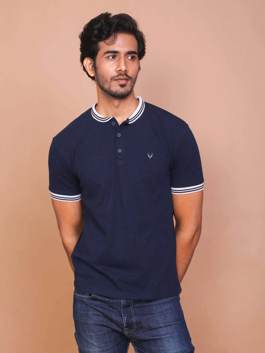 BUY-RAVINIK-MEN-BAND-COLLAR-HALF-SLEEVE-NAVY-BLUE-COTTON-POLO-T-SHIRT