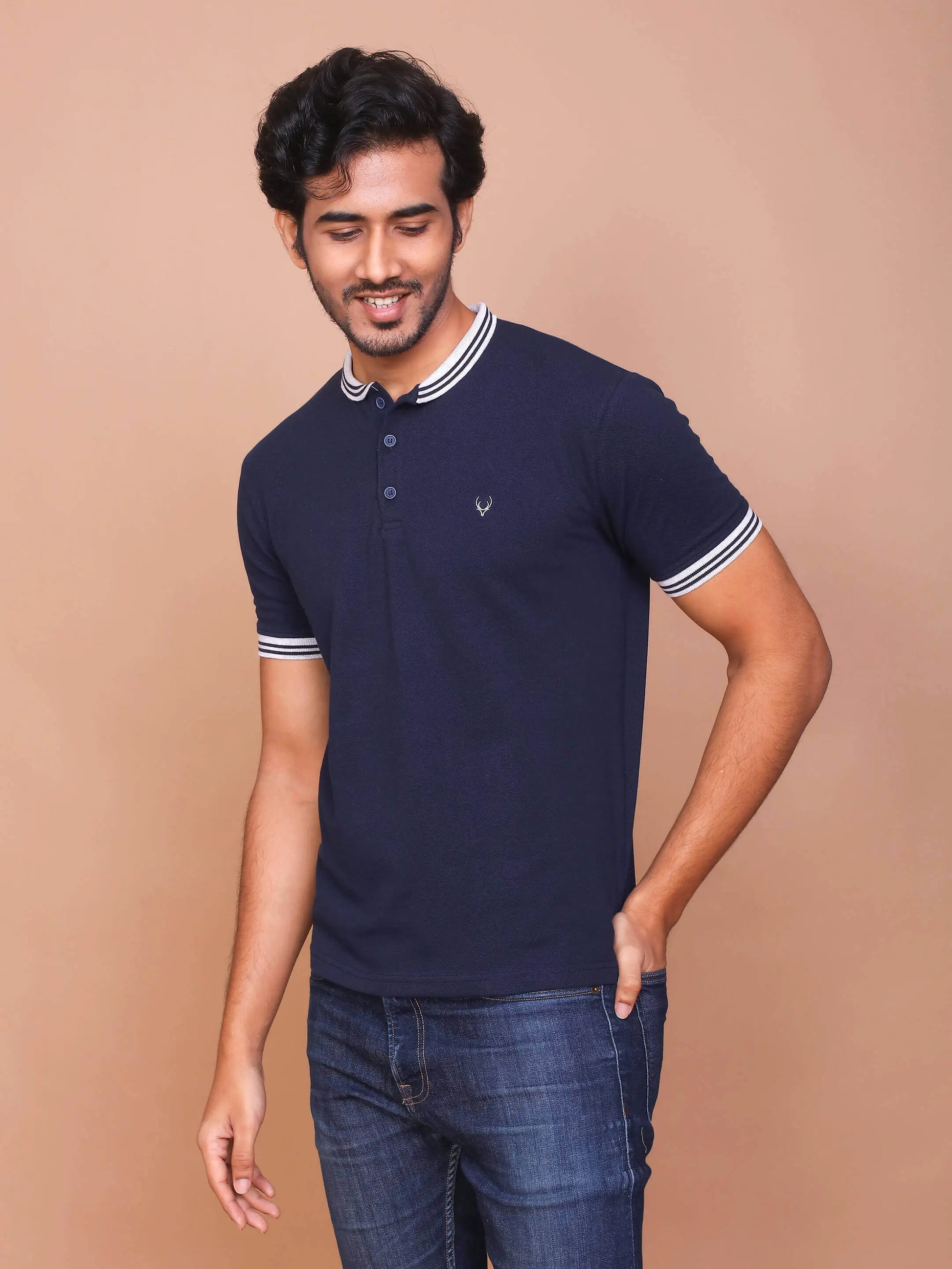 BUY-RAVINIK-MEN-BAND-COLLAR-HALF-SLEEVE-NAVY-BLUE-COTTON-POLO-T-SHIRT