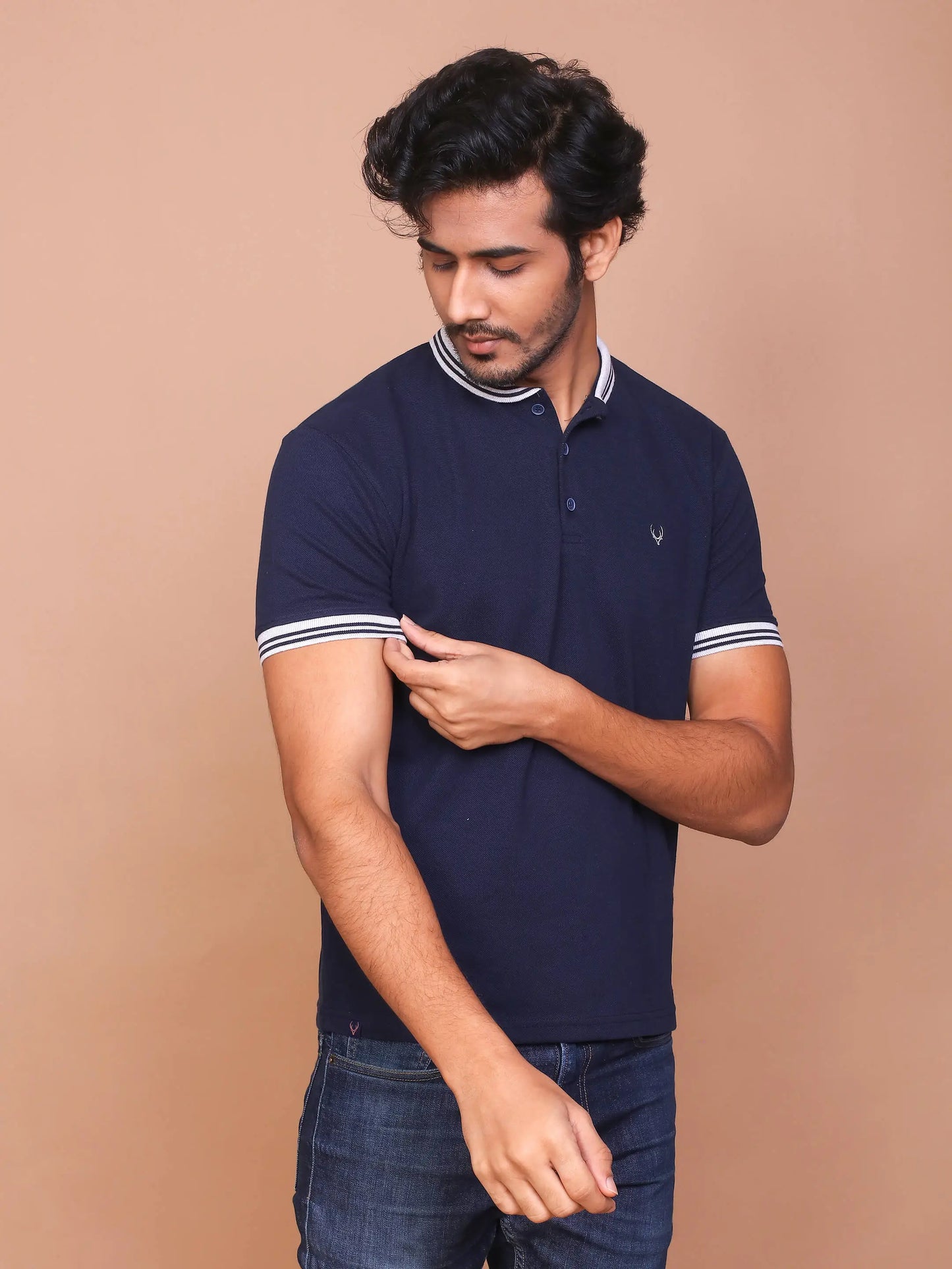 BUY-RAVINIK-MEN-BAND-COLLAR-HALF-SLEEVE-NAVY-BLUE-COTTON-POLO-T-SHIRT