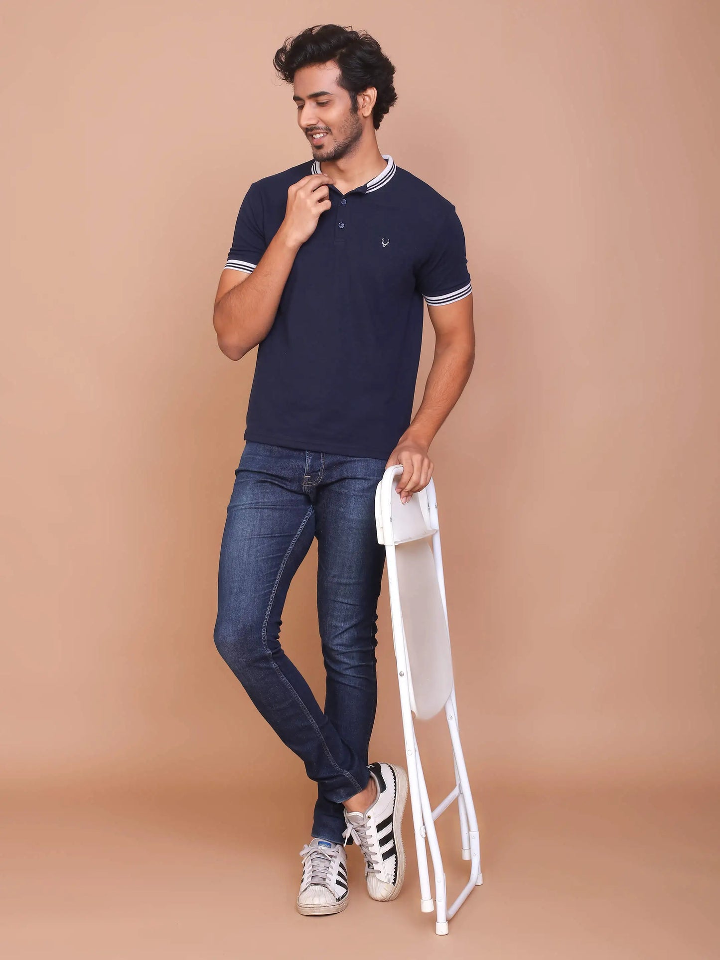 BUY-RAVINIK-MEN-BAND-COLLAR-HALF-SLEEVE-NAVY-BLUE-COTTON-POLO-T-SHIRT