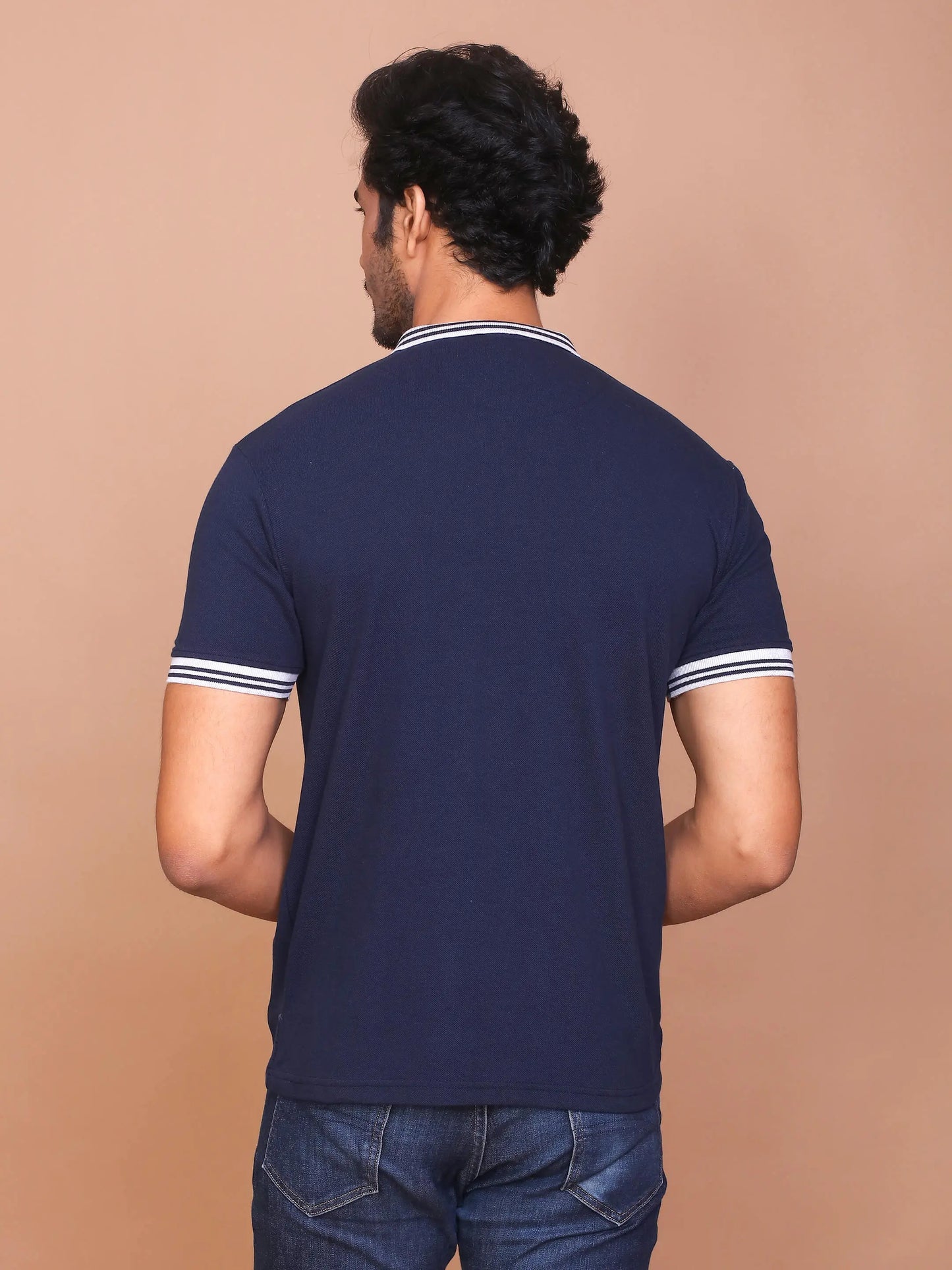 BUY-RAVINIK-MEN-BAND-COLLAR-HALF-SLEEVE-NAVY-BLUE-COTTON-POLO-T-SHIRT