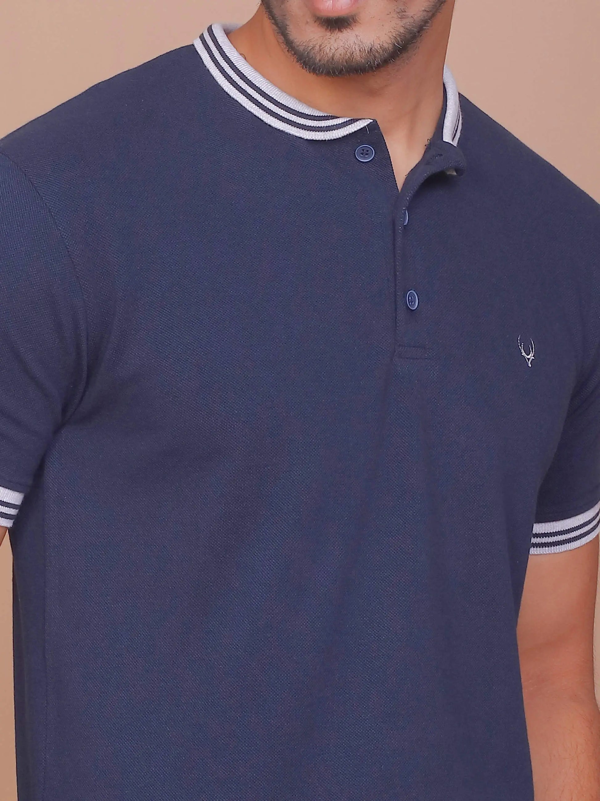 BUY-RAVINIK-MEN-BAND-COLLAR-HALF-SLEEVE-NAVY-BLUE-COTTON-POLO-T-SHIRT