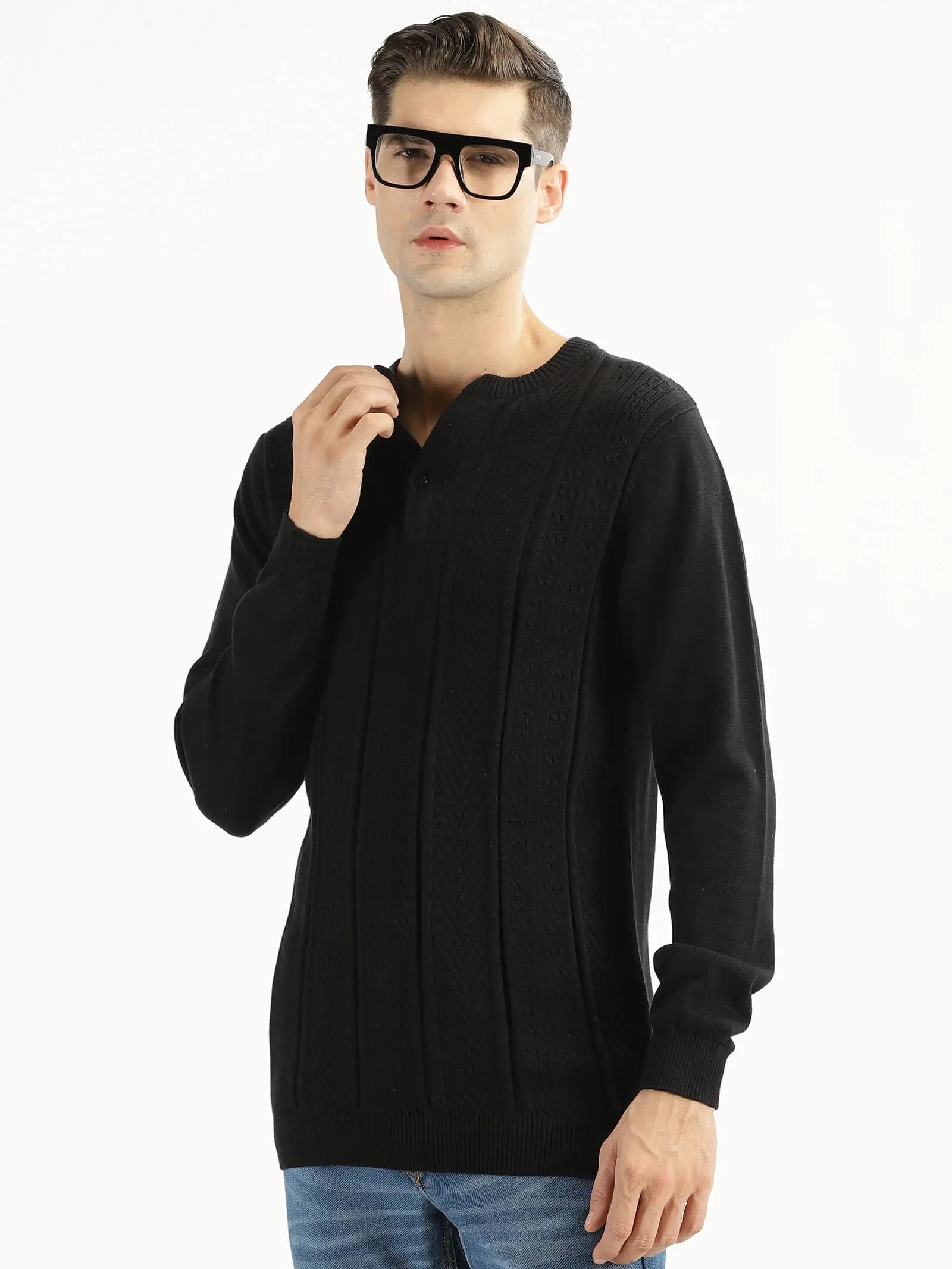 BUY-RAVINIK-MEN-MULTI-STRIPE-KNITTED-BAND-COLLAR-JET-BLACK-FULL-SLEEVE-COTTON-SWEATSHIRT