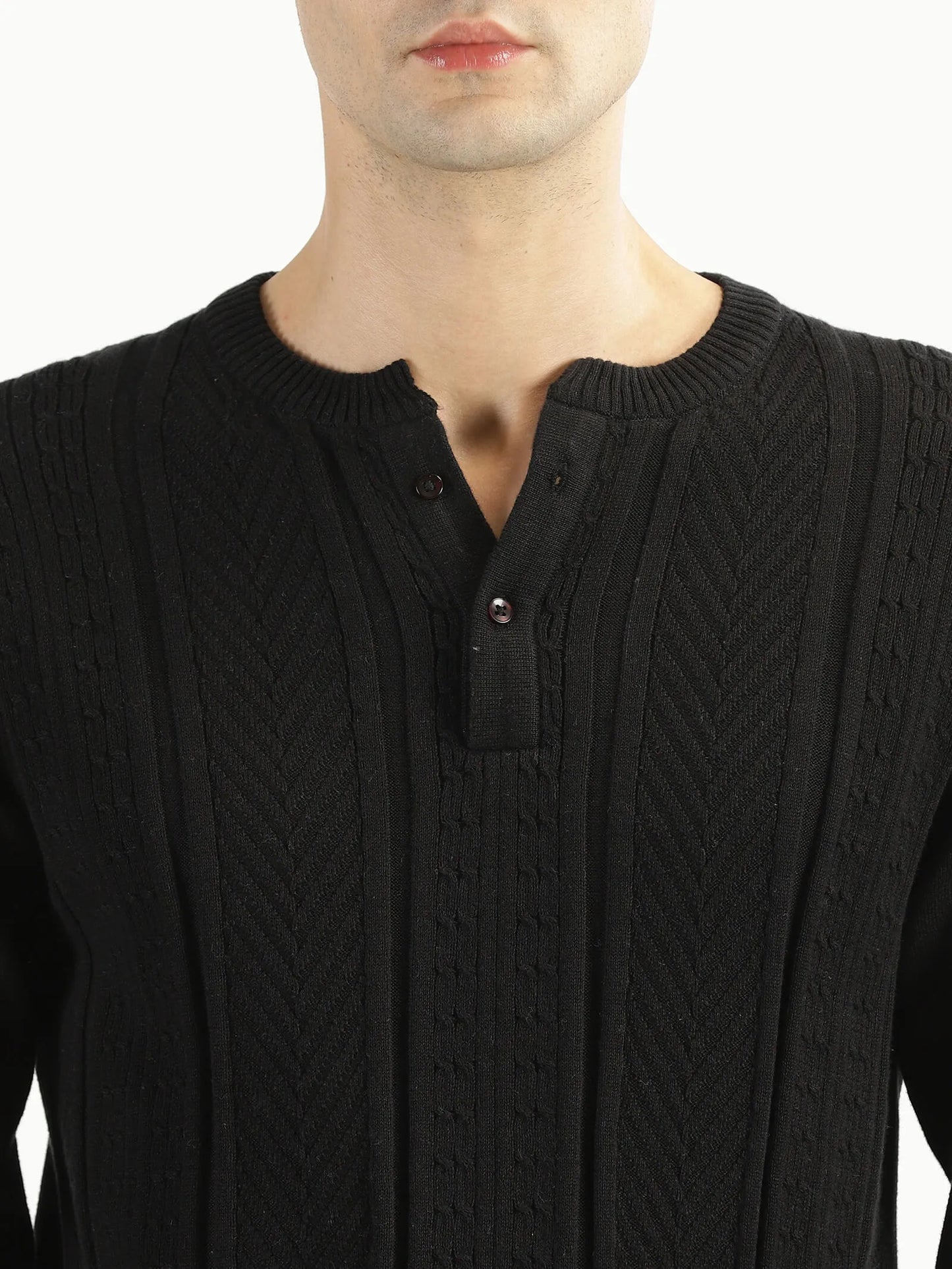 BUY-RAVINIK-MEN-MULTI-STRIPE-KNITTED-BAND-COLLAR-JET-BLACK-FULL-SLEEVE-COTTON-SWEATSHIRT