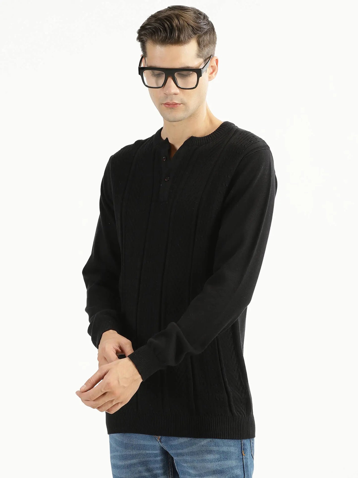 BUY-RAVINIK-MEN-MULTI-STRIPE-KNITTED-BAND-COLLAR-JET-BLACK-FULL-SLEEVE-COTTON-SWEATSHIRT