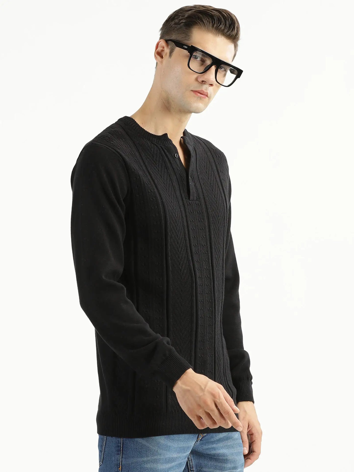 BUY-RAVINIK-MEN-MULTI-STRIPE-KNITTED-BAND-COLLAR-JET-BLACK-FULL-SLEEVE-COTTON-SWEATSHIRT