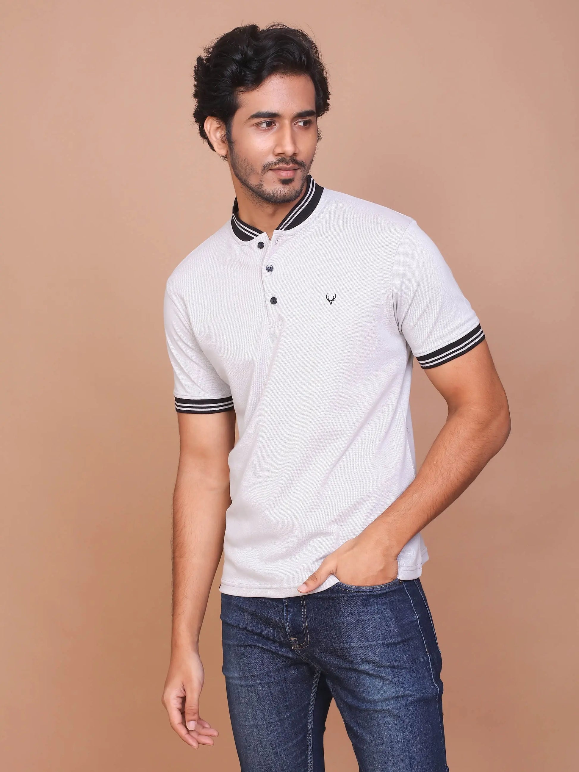 BUY-RAVINIK-MEN-SOLID-GREY-HALF-SLEEVE-BAND-COLLAR-POLO-T-SHIRT