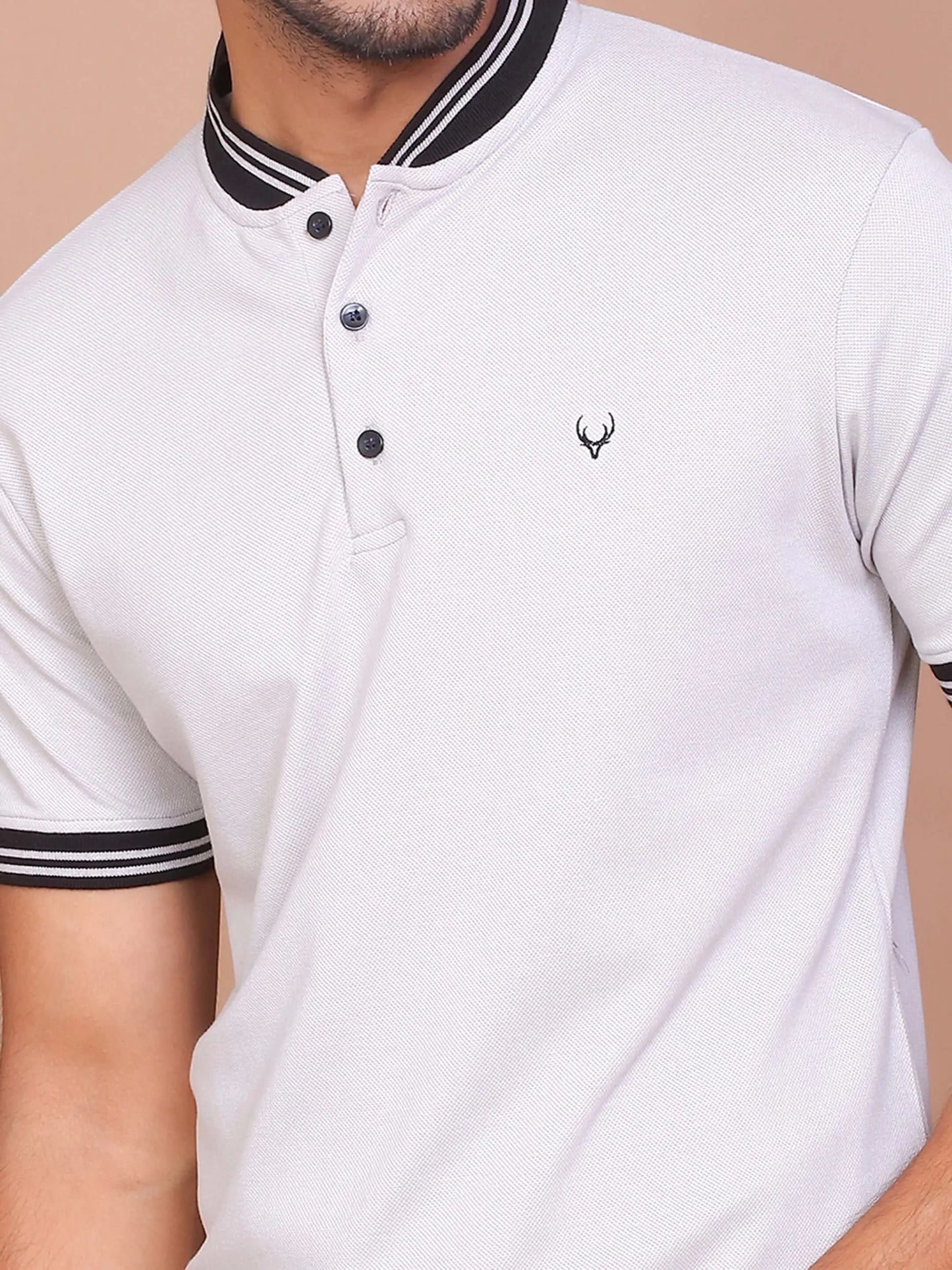 BUY-RAVINIK-MEN-SOLID-GREY-HALF-SLEEVE-BAND-COLLAR-POLO-T-SHIRT