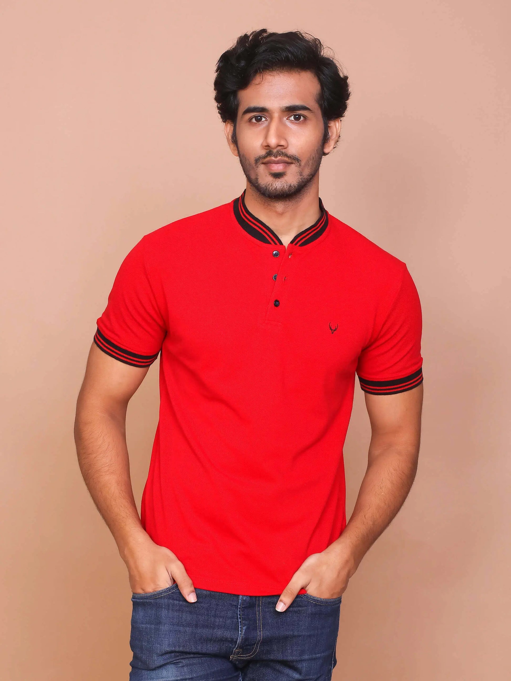 BUY-RAVINIK-MEN-SOLID-RED-BAND-COLLAR-COTTON-SLIM-FIT-POLO-T-SHIRT