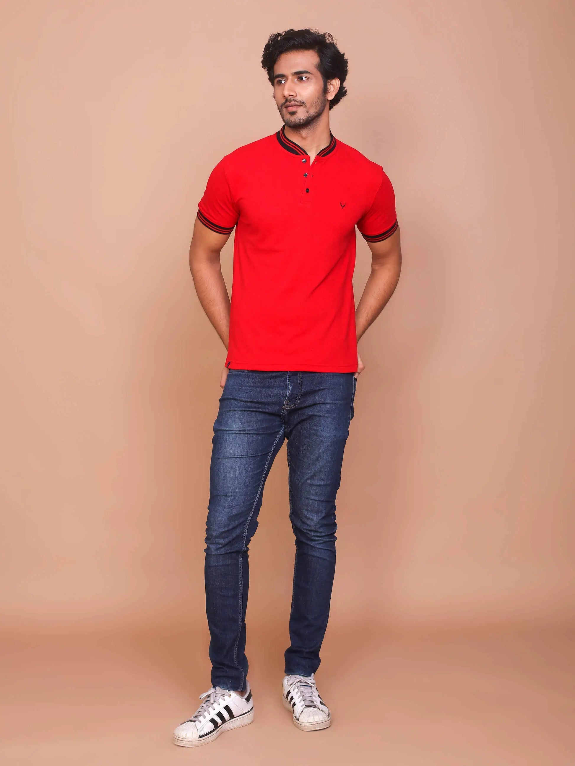 BUY-RAVINIK-MEN-SOLID-RED-BAND-COLLAR-COTTON-SLIM-FIT-POLO-T-SHIRT